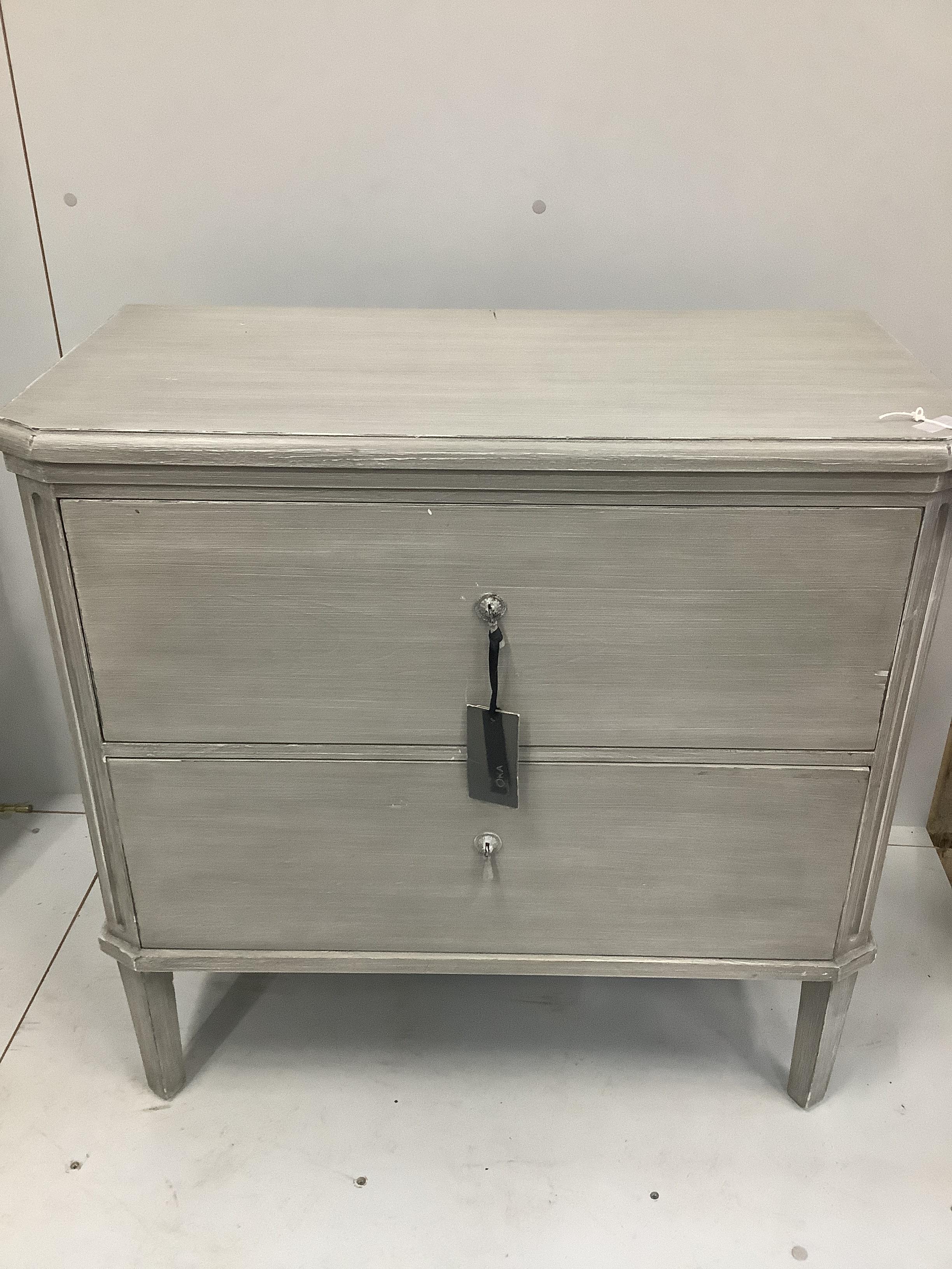 An Oka two drawer rocca chest painted in flannel grey, width 82cm